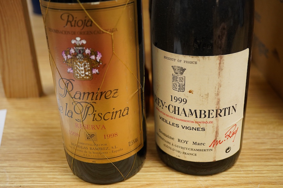 Six bottles of wine and spirits including; Muscat de Beaumes de Venise, Ramirez de la Piscina Rioja 1998, Gevrey-Chambertin 1999, Glenside Scotch Whisky, Dos Cortados sherry, A Winter’s Tale sherry, etc.